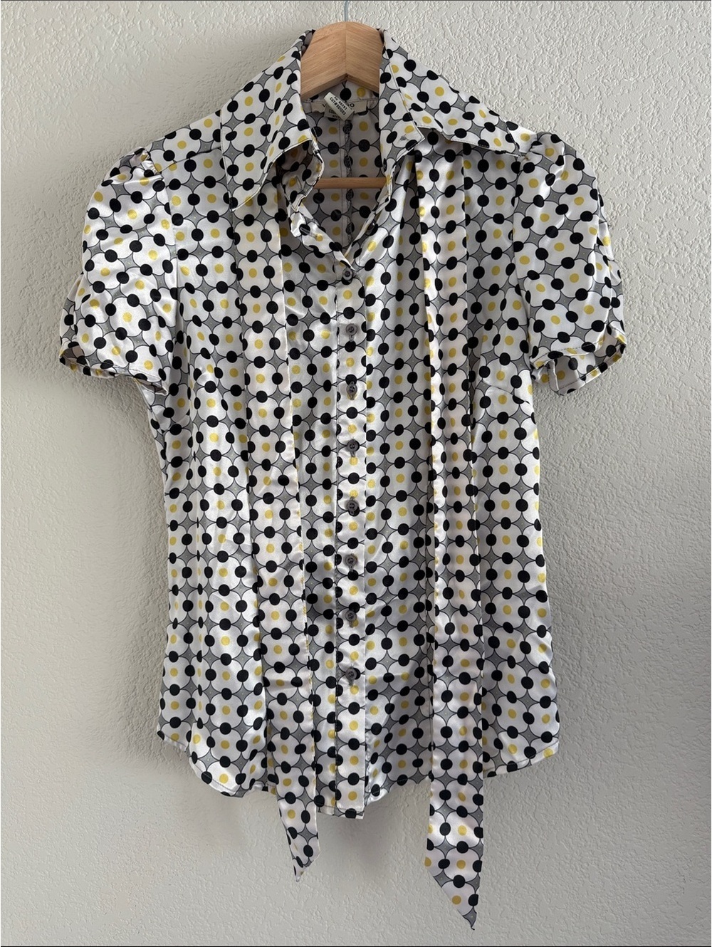 Vertigo Paris Satin Tie-Neck Blouse Geometric Dot Print — Women's XS